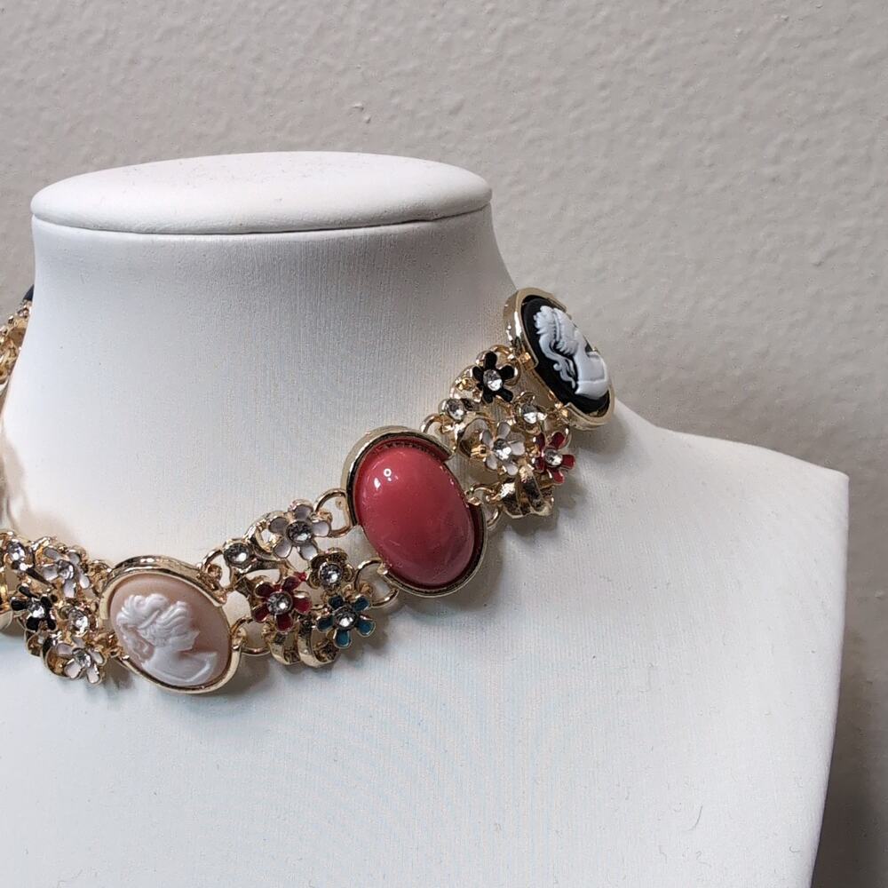 Gold Tone Cameo and Gemstone Choker Necklace Victorian - Picture 2 of 4